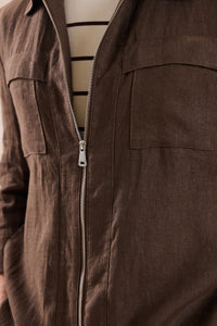 Traje de dos piezas de lino marrón para hombre, estilo safari, con cremallera frontal, para verano.