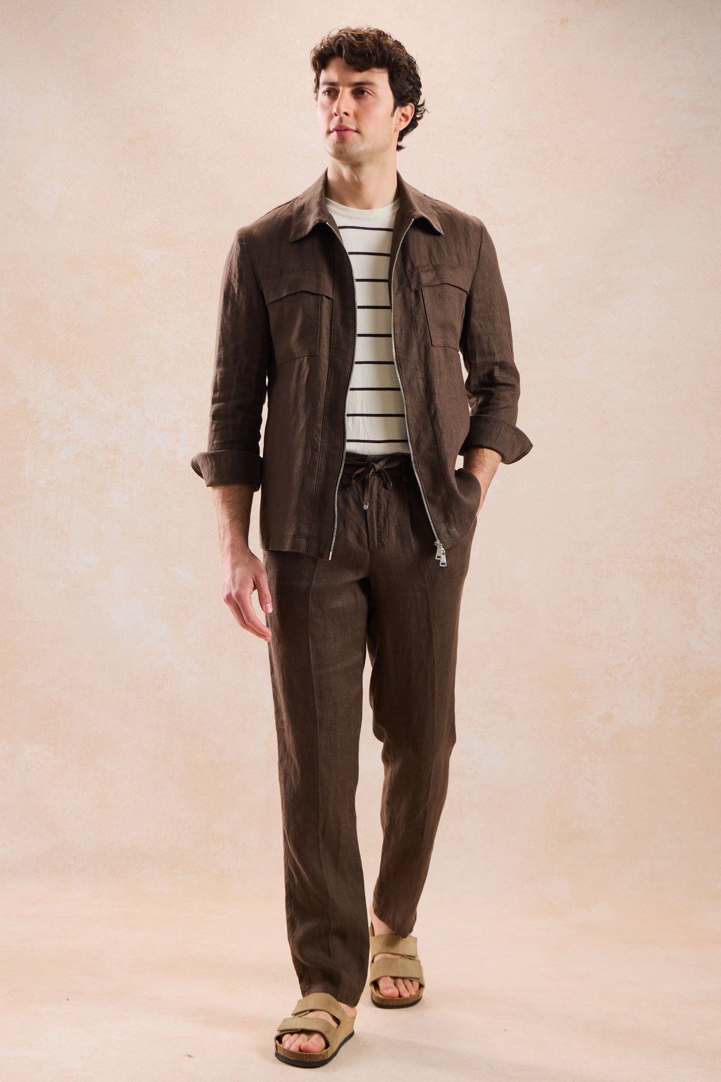 Traje de dos piezas de lino marrón para hombre, estilo safari, con cremallera frontal, para verano.