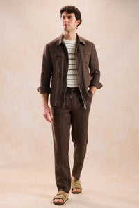 Traje de dos piezas de lino marrón para hombre, estilo safari, con cremallera frontal, para verano.