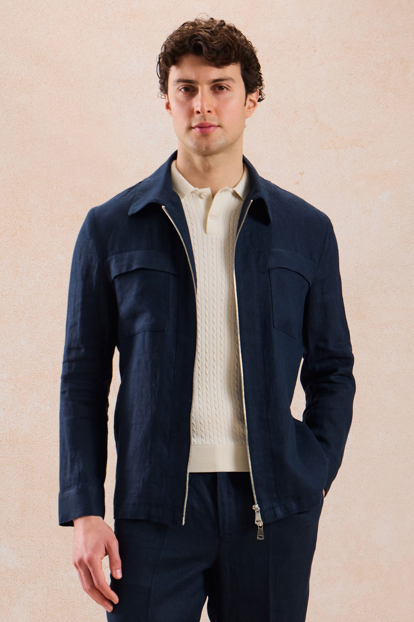Chaqueta tipo camisa ligera de lino azul marino para hombre, con cremallera, ideal para el verano.