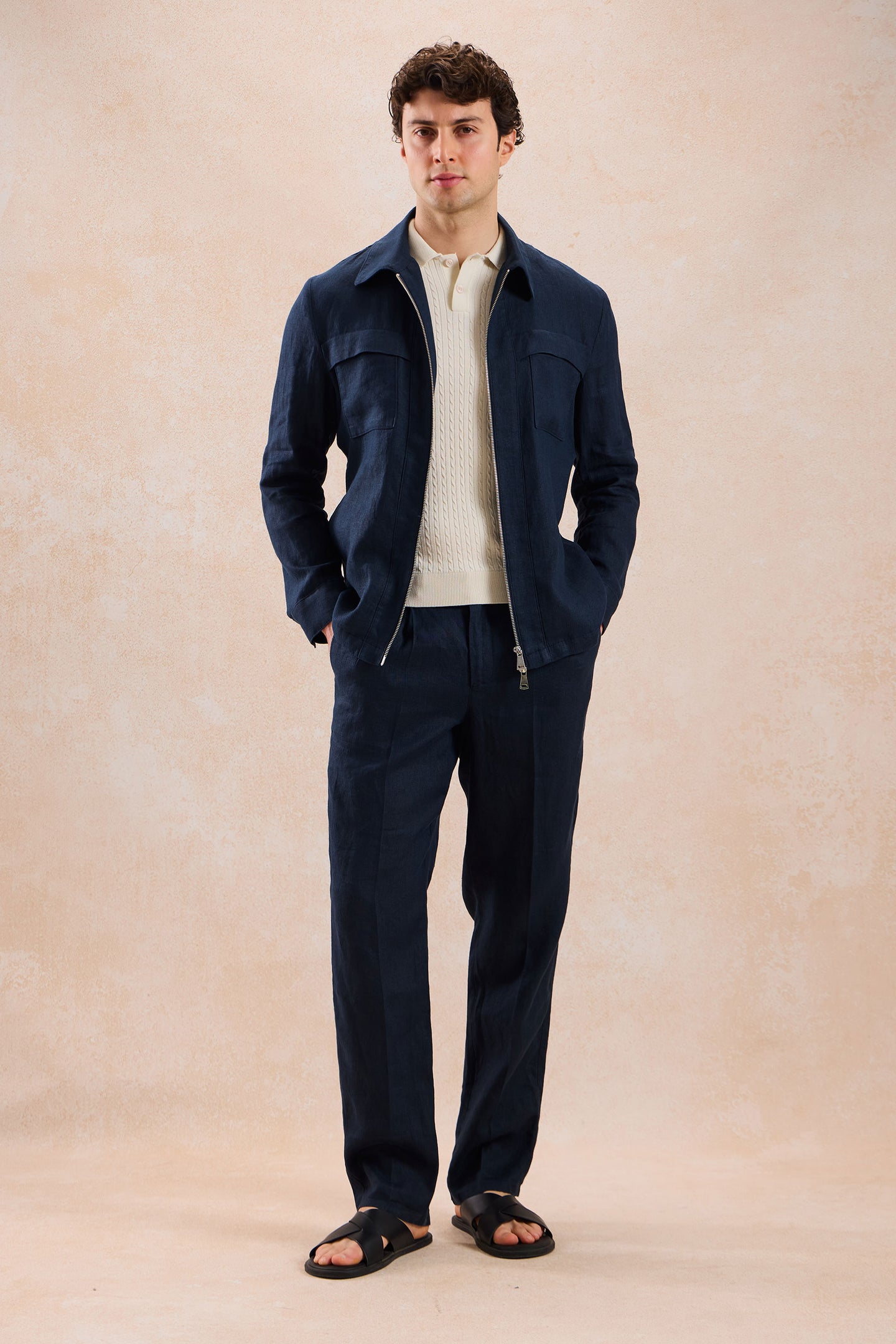 Chaqueta tipo camisa ligera de lino azul marino para hombre, con cremallera, ideal para el verano.