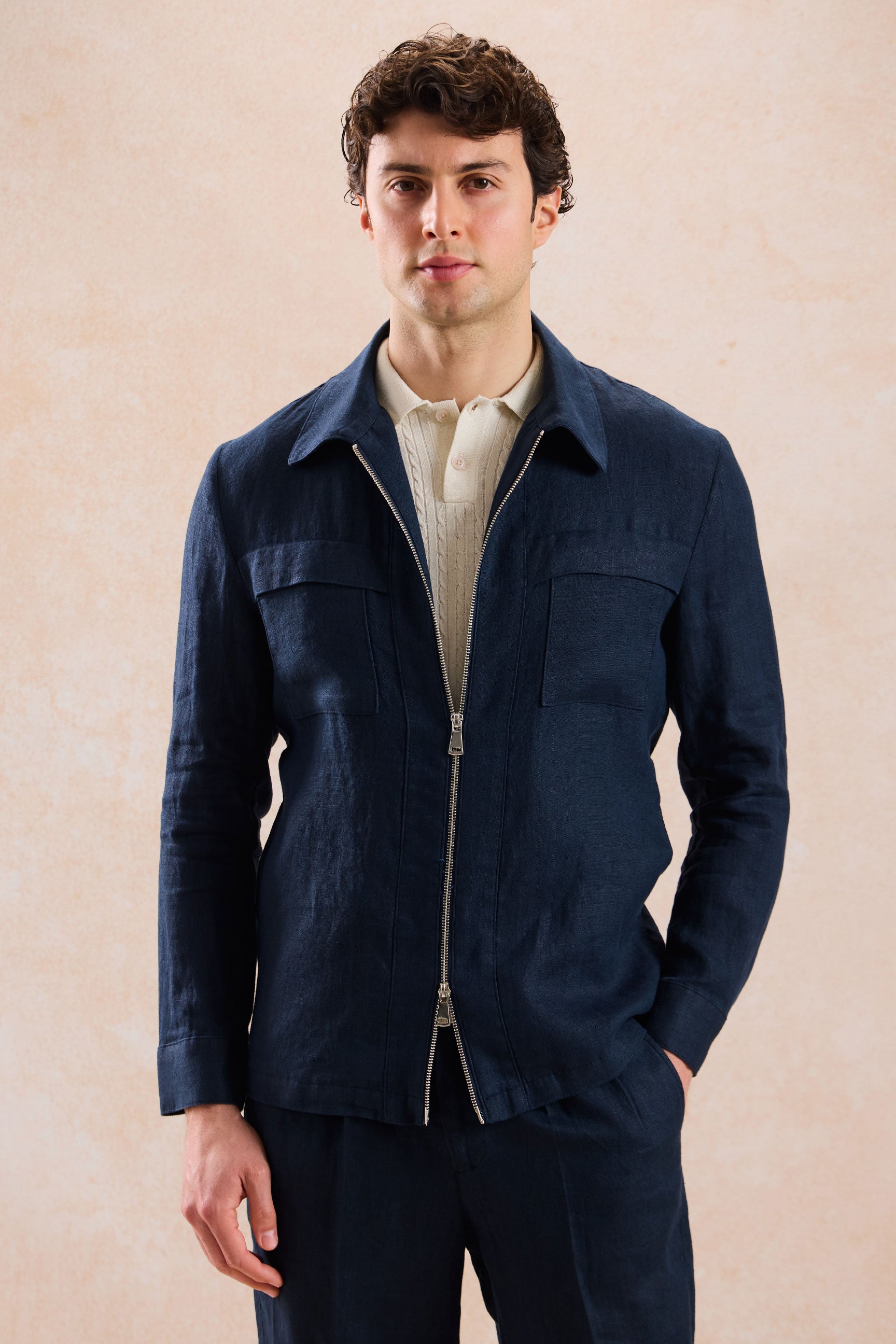 Chaqueta tipo camisa ligera de lino azul marino para hombre, con cremallera, ideal para el verano.