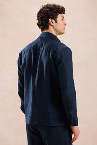 Chaqueta tipo camisa ligera de lino azul marino para hombre, con cremallera, ideal para el verano.