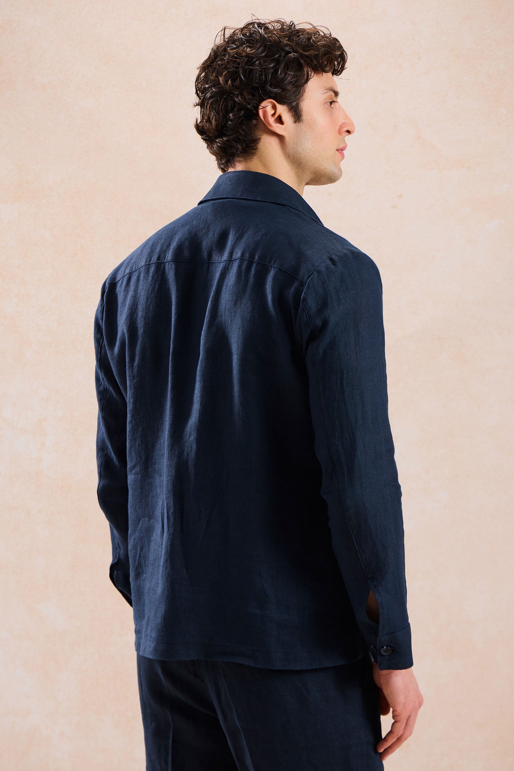 Chaqueta tipo camisa ligera de lino azul marino para hombre, con cremallera, ideal para el verano.