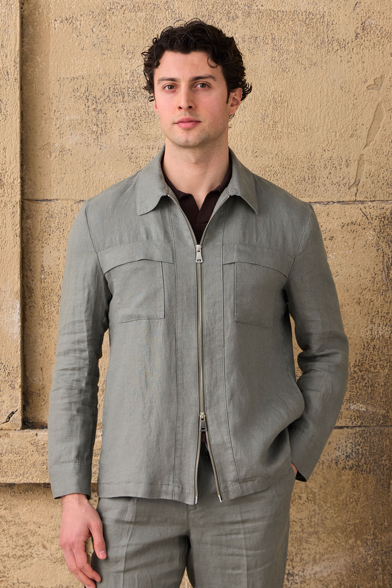 Chaqueta tipo camisa ligera de lino verde salvia para hombre, con cremallera, ideal para el verano.