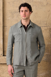 Traje de dos piezas de lino verde salvia para hombre, estilo safari, con cremallera frontal, para verano.