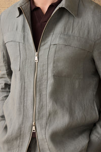 Traje de dos piezas de lino verde salvia para hombre, estilo safari, con cremallera frontal, para verano.