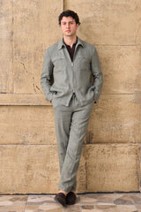 Traje de dos piezas de lino verde salvia para hombre, estilo safari, con cremallera frontal, para verano.