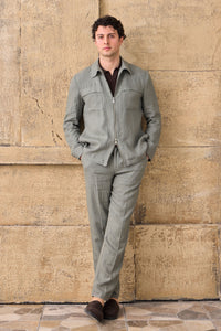 Traje de dos piezas de lino verde salvia para hombre, estilo safari, con cremallera frontal, para verano.