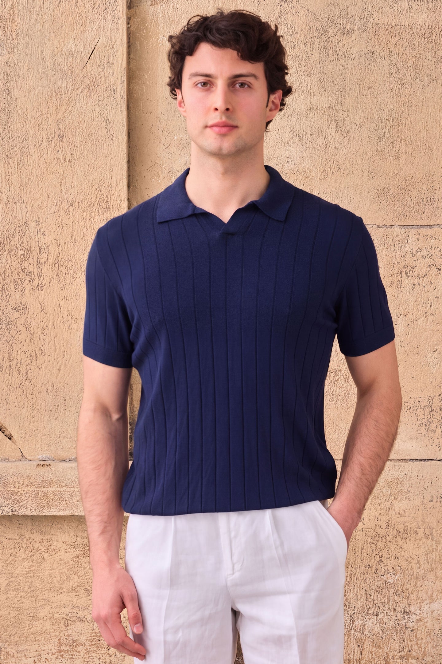 Polo de punto acanalado azul marino oscuro para hombre