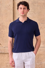Polo de punto acanalado azul marino oscuro para hombre