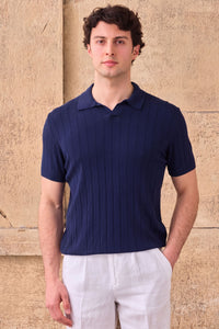 Polo de punto acanalado azul marino oscuro para hombre