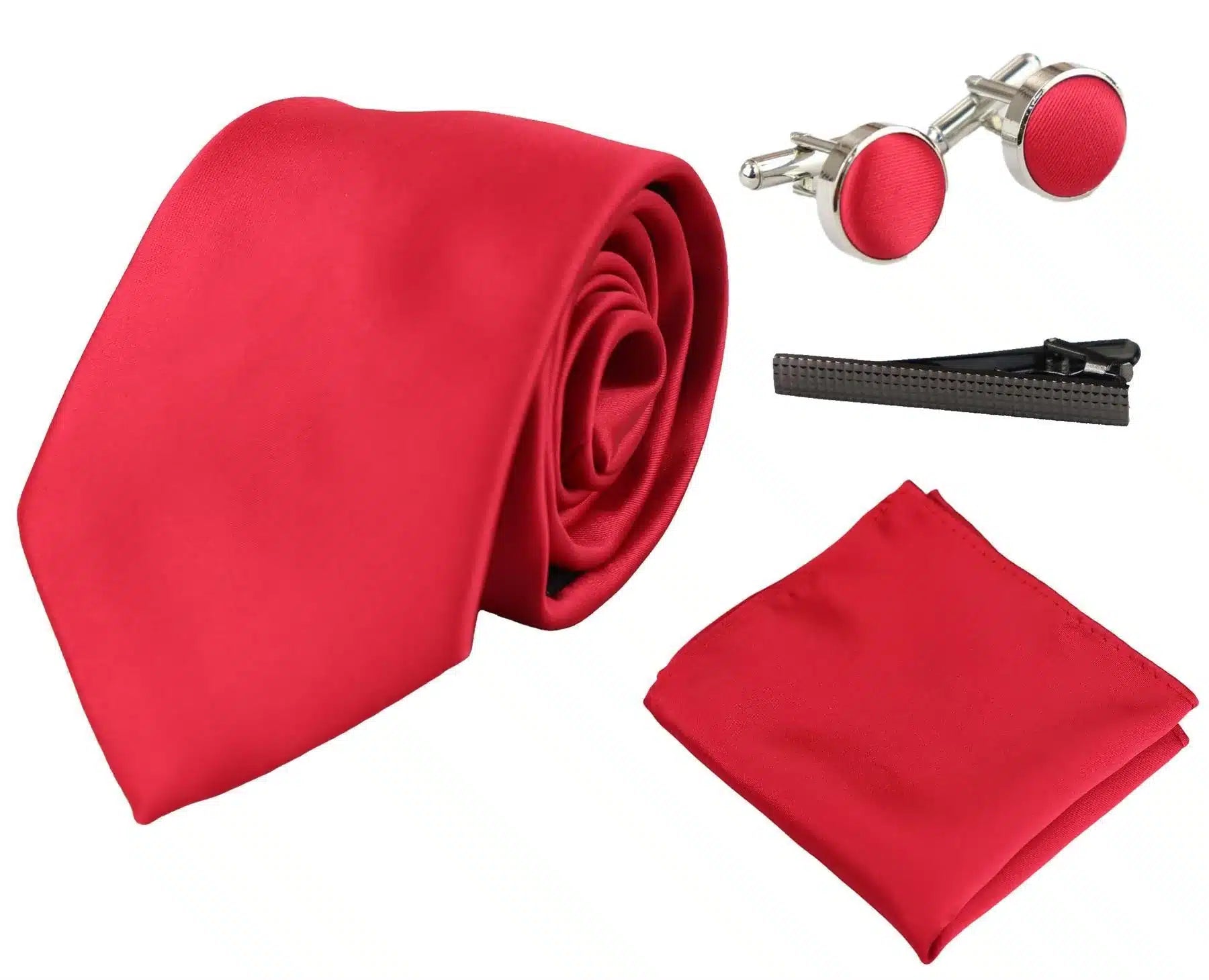 Conjunto de regalo de corbata roja de seda satinada con pañuelo de bolsillo, gemelos y corbata de satén brillante.