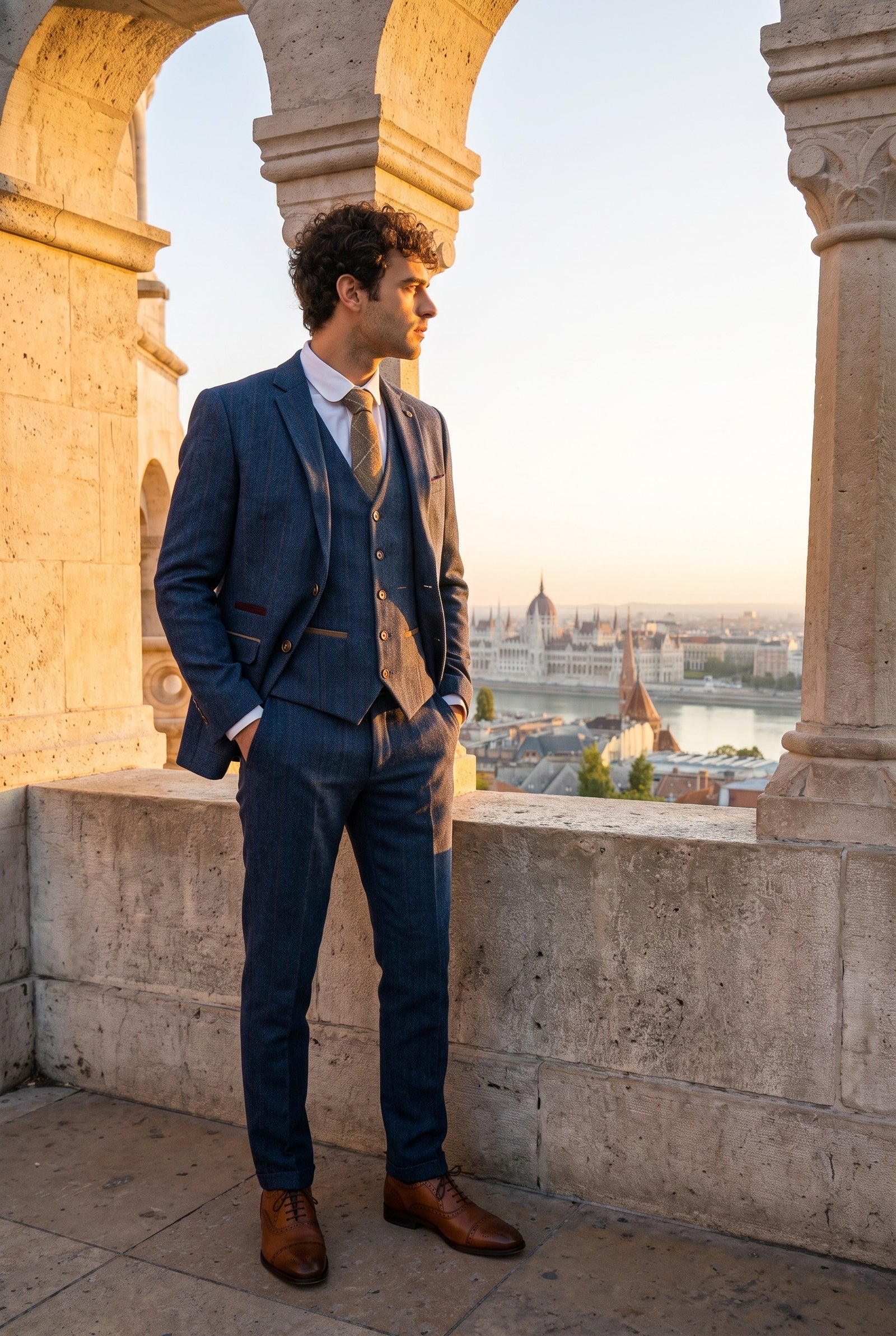 Look #365 styled with Traje de tres piezas de tweed a cuadros azul para hombre de Scott