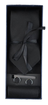 Conjunto de regalo de corbata negra texturizada de seda satinada con pañuelo de bolsillo, gemelos y corbata de satén mate.