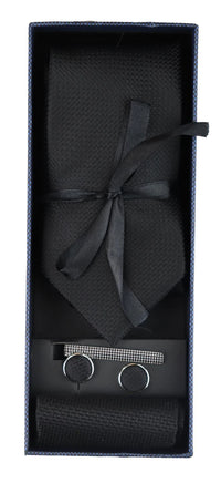Conjunto de regalo de corbata negra texturizada de seda satinada con pañuelo de bolsillo, gemelos y corbata de satén mate.