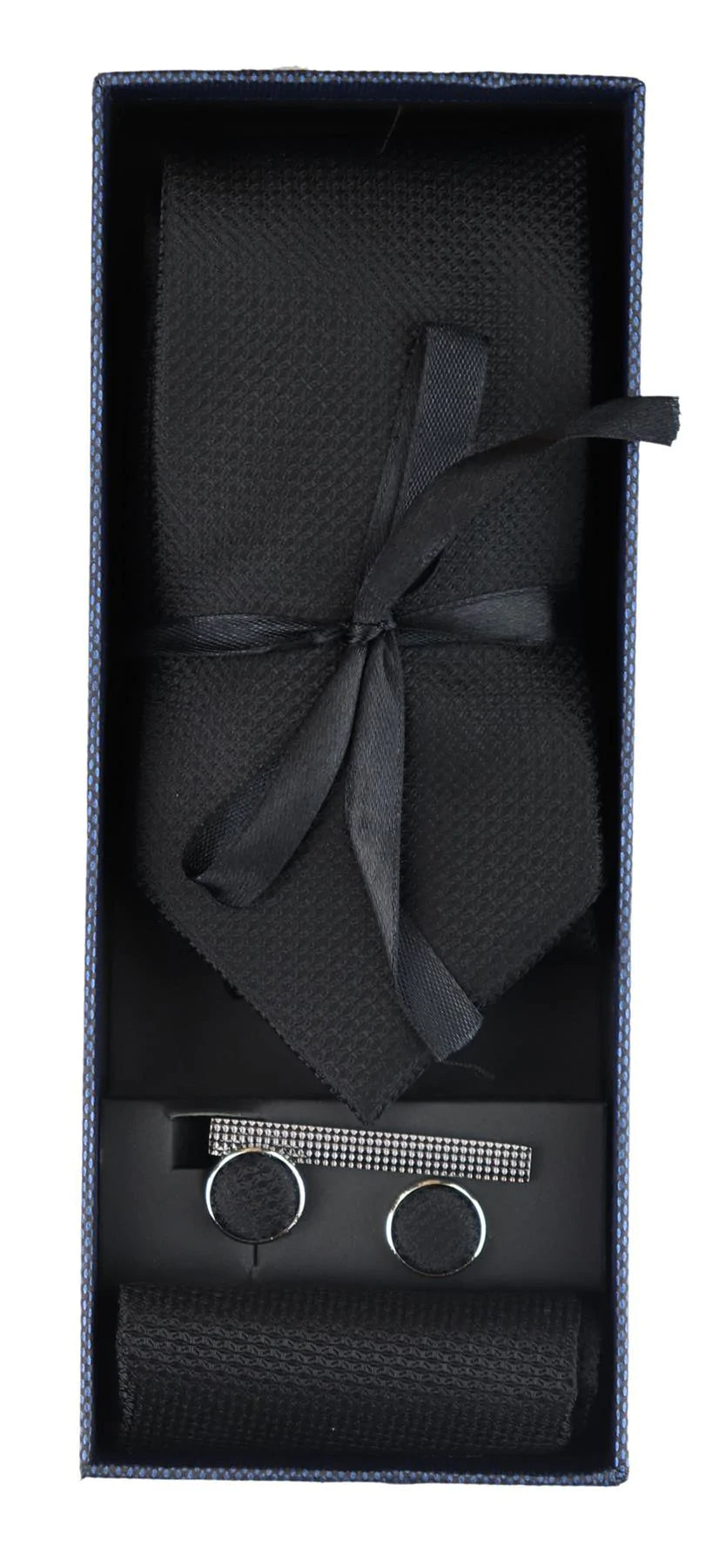 Conjunto de regalo de corbata negra texturizada de seda satinada con pañuelo de bolsillo, gemelos y corbata de satén mate.