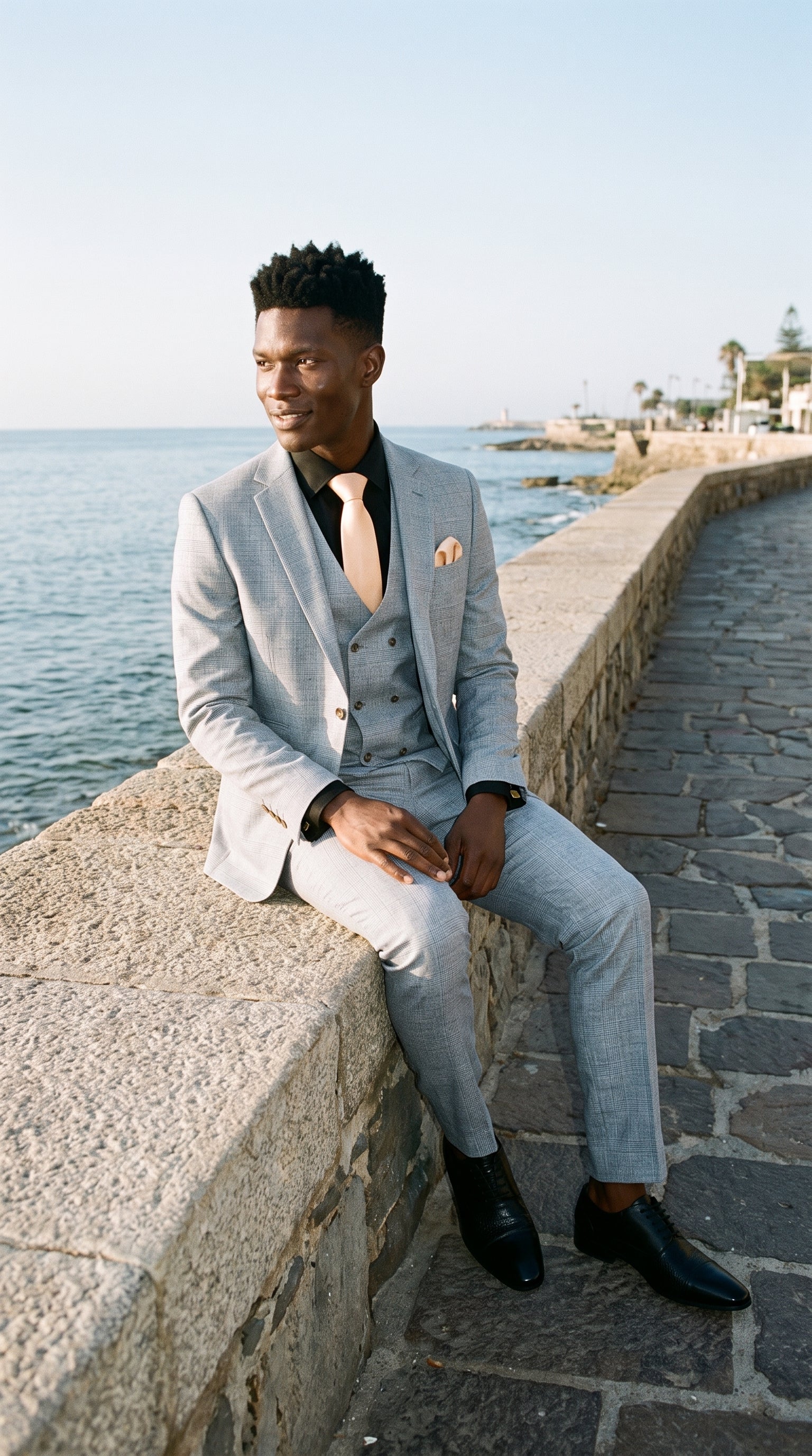 Look #493 styled with Luis - Traje de tres piezas para hombre, azul claro a cuadros, corte ajustado