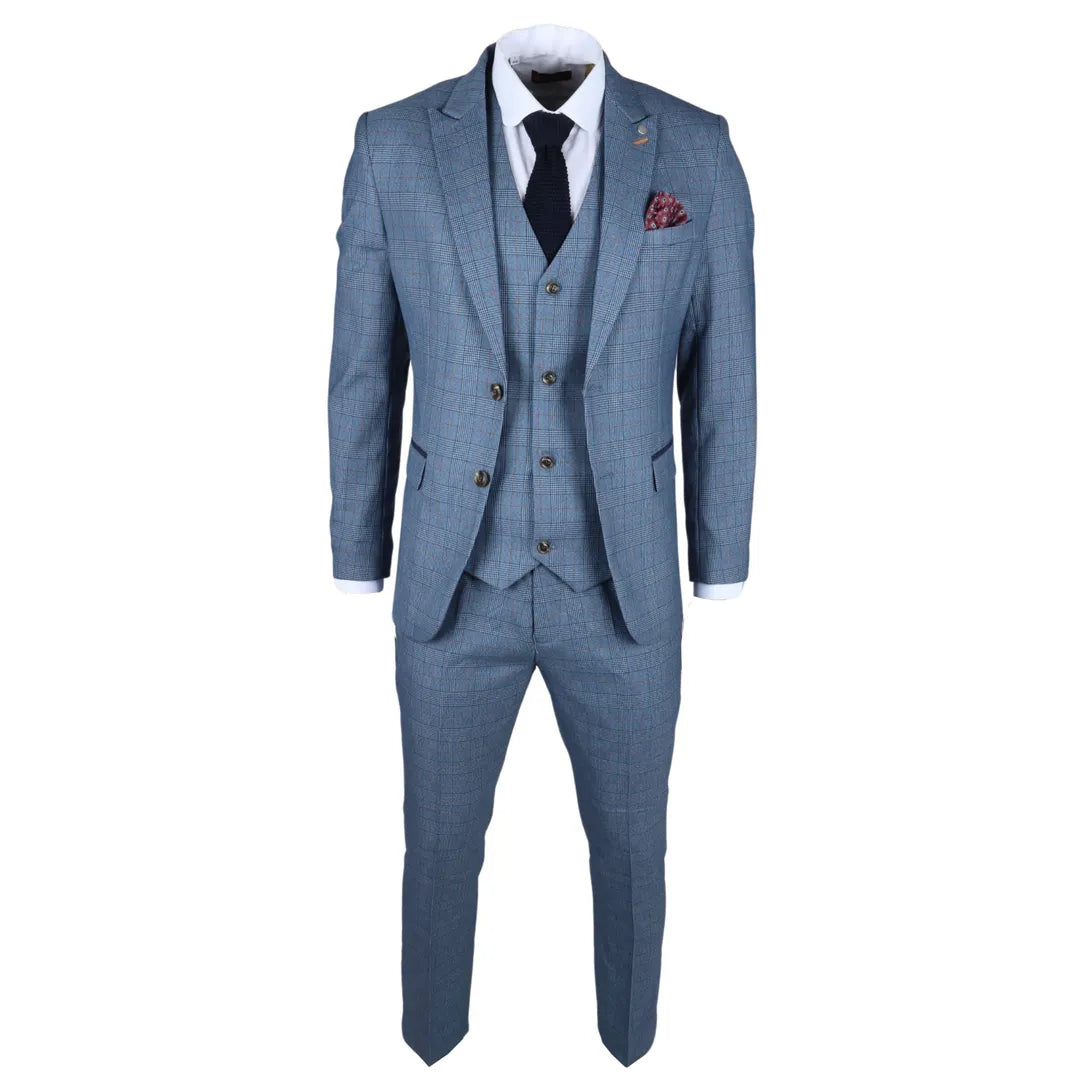 Traje de hombre Earl de 3 piezas a cuadros azules, confeccionado a medida.