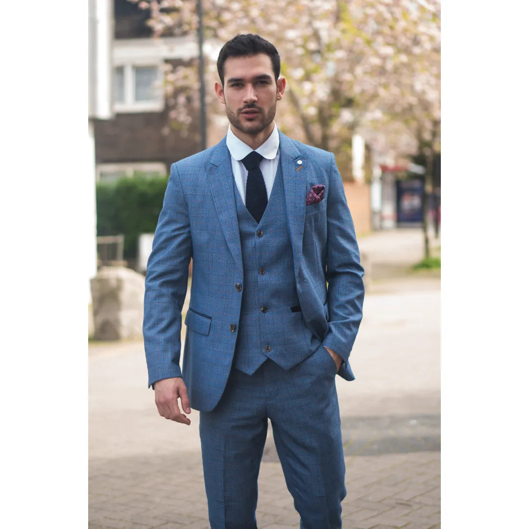 Traje de hombre Earl de 3 piezas a cuadros azules, confeccionado a medida.