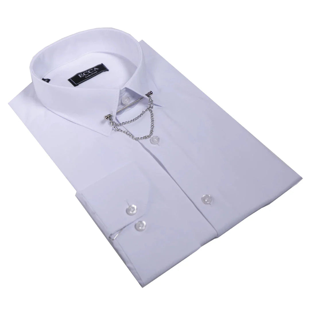 Camisa blanca de popelina para hombre con botones, barra y cadena, estilo clásico formal.
