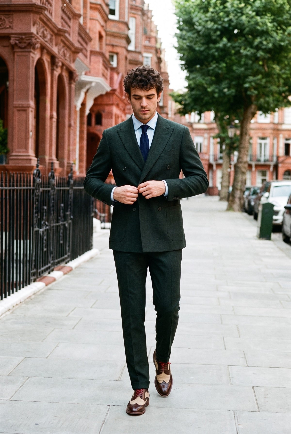 Look #591 styled with Regent - Traje cruzado de dos piezas verde para hombre