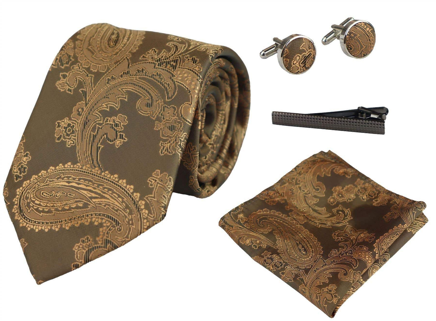 Conjunto de regalo de corbata de bronce con estampado paisley, pañuelo de bolsillo, gemelos y corbata de satén floral.