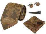 Conjunto de regalo de corbata de bronce con estampado paisley, pañuelo de bolsillo, gemelos y corbata de satén floral.