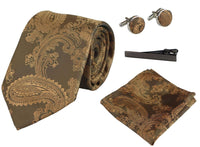 Conjunto de regalo de corbata de bronce con estampado paisley, pañuelo de bolsillo, gemelos y corbata de satén floral.