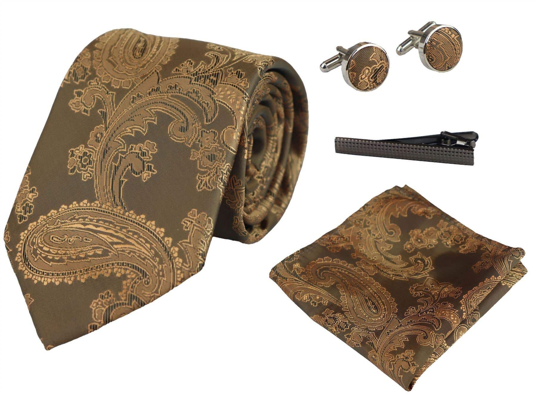 Conjunto de regalo de corbata de bronce con estampado paisley, pañuelo de bolsillo, gemelos y corbata de satén floral.