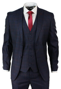 Traje de tres piezas a cuadros azul marino para hombre