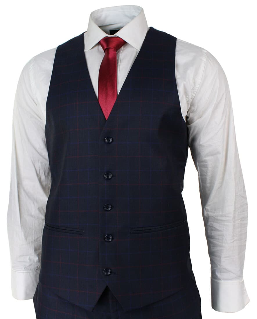 Traje de tres piezas a cuadros azul marino para hombre