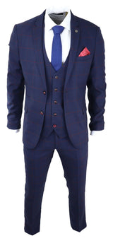 Traje de hombre de 3 piezas a cuadros azul marino Red Edinson Marc Darcy Clásico Vintage Boda
