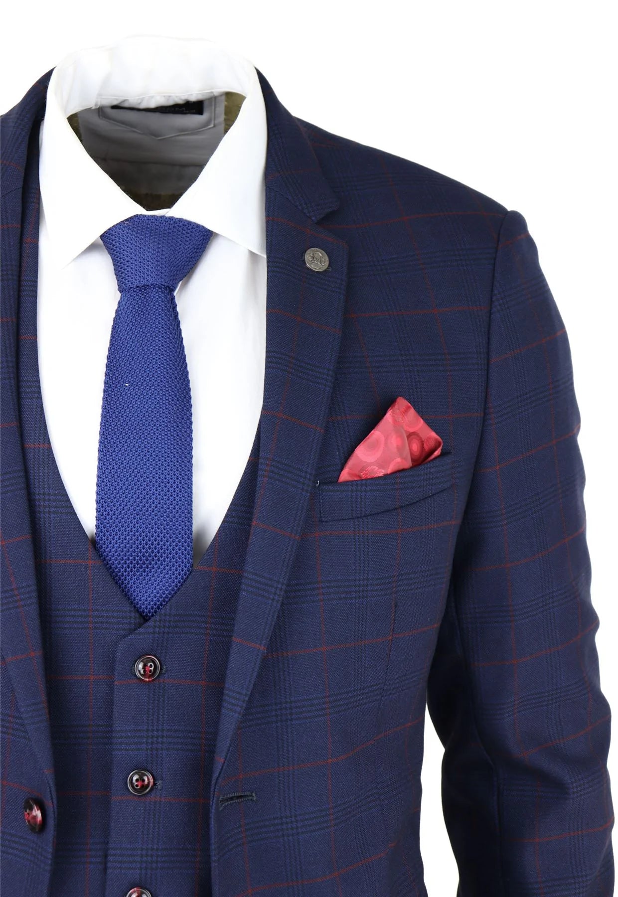 Traje de hombre de 3 piezas a cuadros azul marino Red Edinson Marc Darcy Clásico Vintage Boda