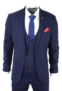 Traje de hombre de 3 piezas a cuadros azul marino Red Edinson Marc Darcy Clásico Vintage Boda