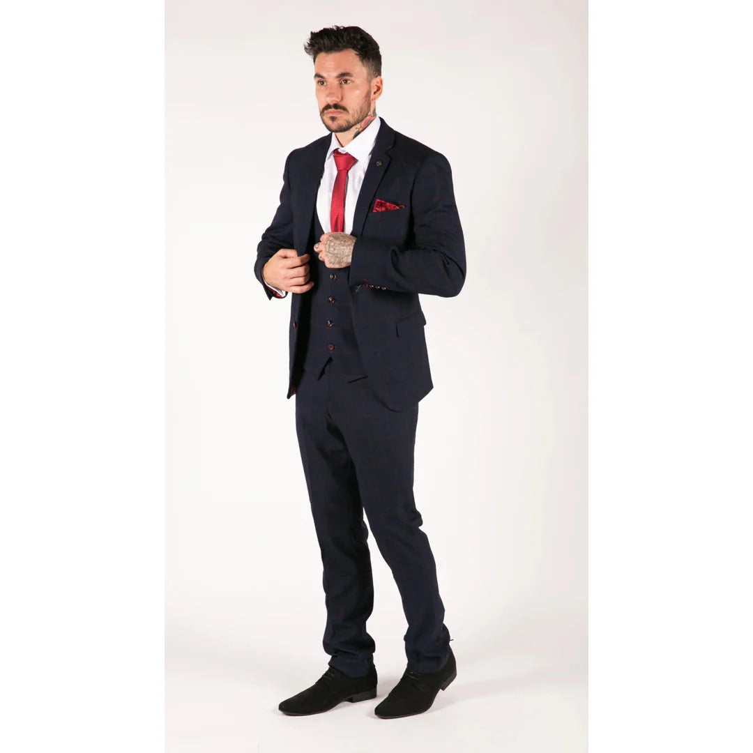 Traje de hombre de 3 piezas a cuadros azul marino Red Edinson Marc Darcy Clásico Vintage Boda