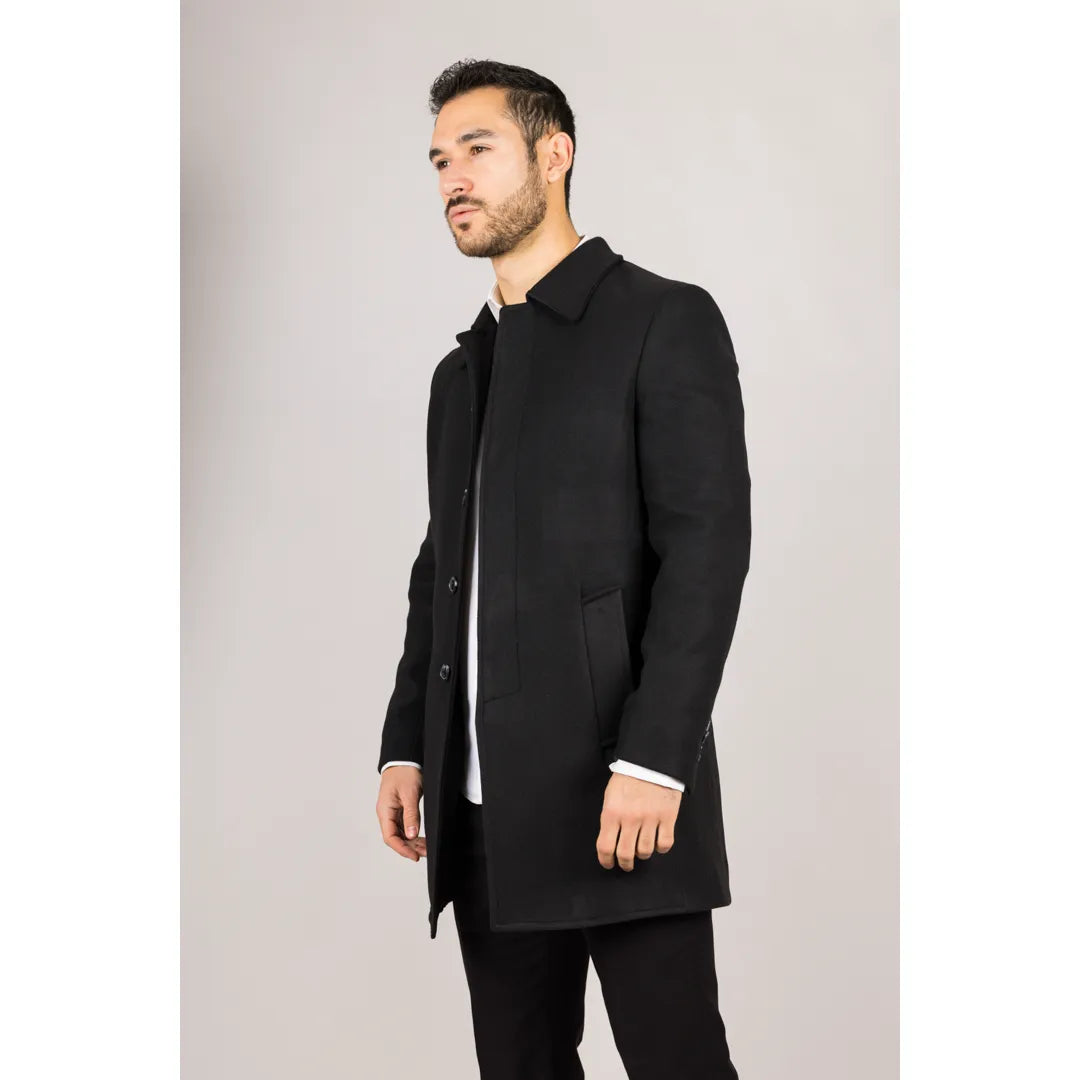 Abrigo negro de mezcla de lana con cuello clásico para hombre
