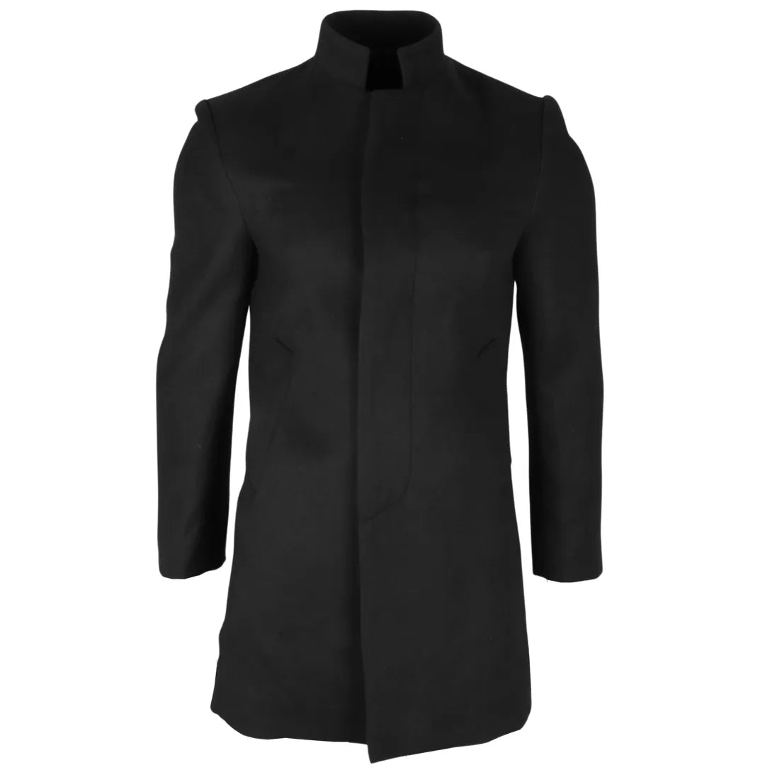 Abrigo negro de mezcla de lana con cuello alto para hombre