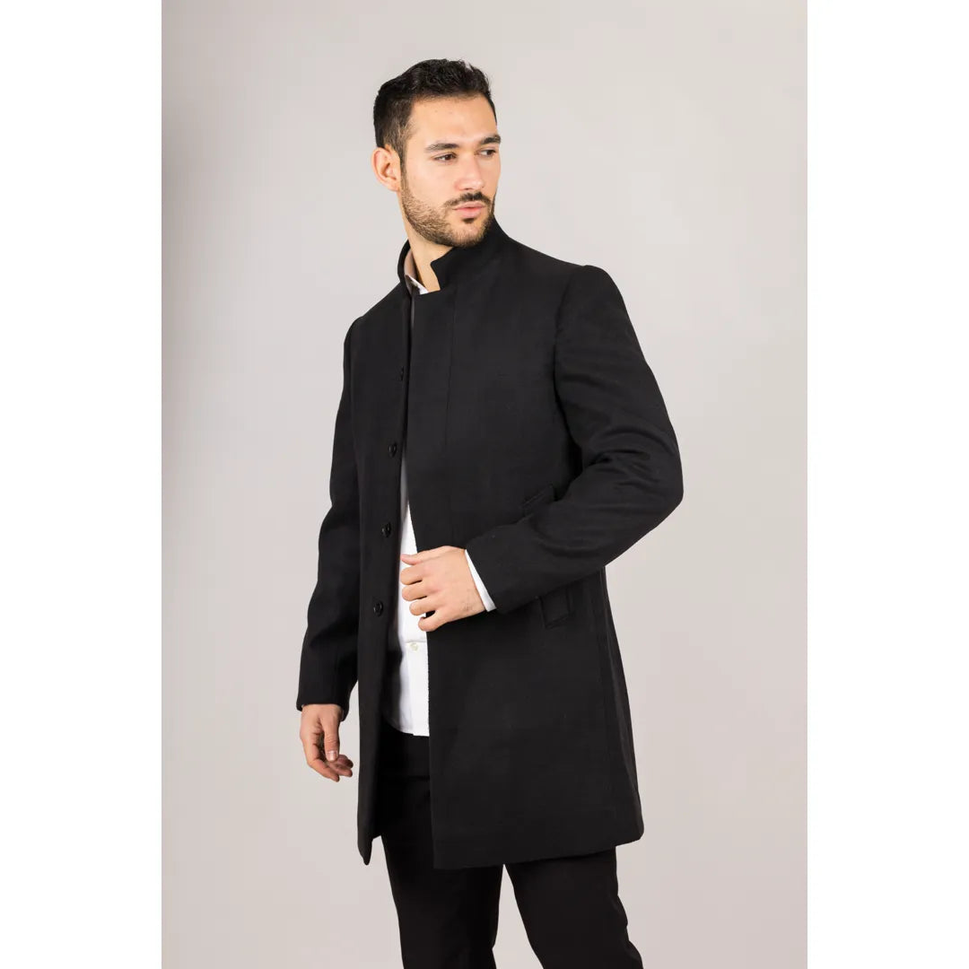 Abrigo negro de mezcla de lana con cuello alto para hombre