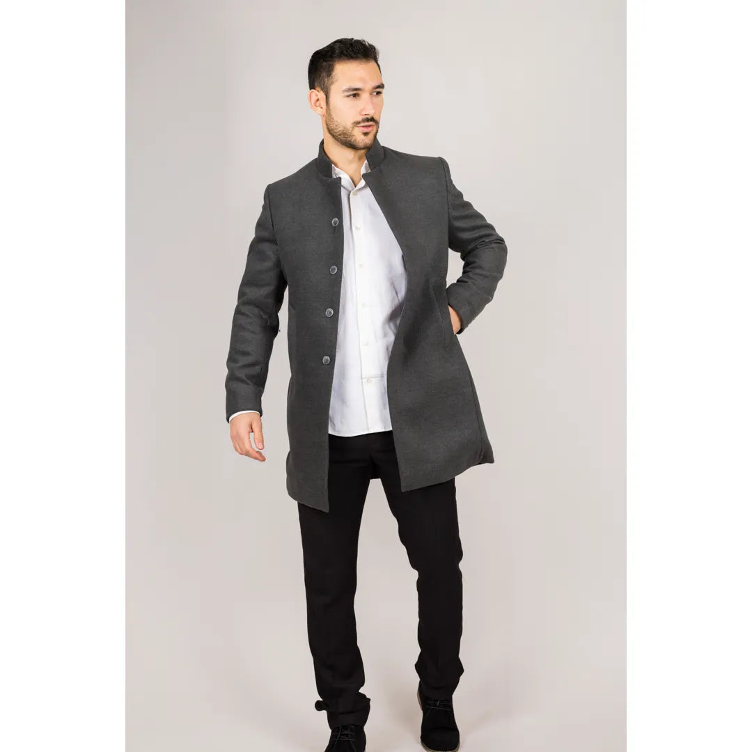 Abrigo gris de mezcla de lana con cuello alto para hombre
