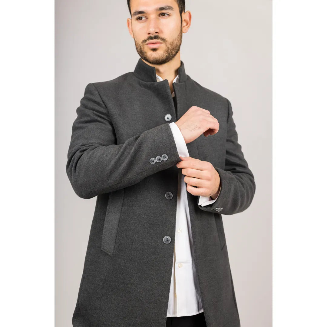 Abrigo gris de mezcla de lana con cuello alto para hombre