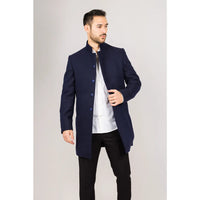Abrigo azul marino de mezcla de lana con cuello alto para hombre