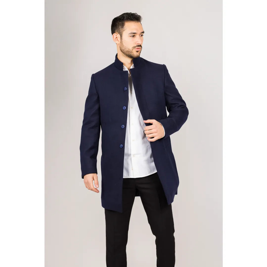 Abrigo azul marino de mezcla de lana con cuello alto para hombre