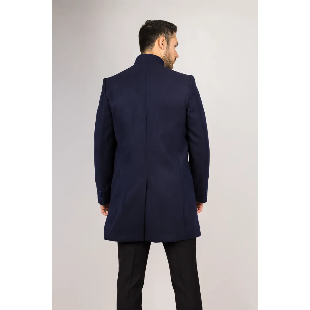Abrigo azul marino de mezcla de lana con cuello alto para hombre