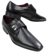 Zapatos de hombre de cuero marrón claro y negro, diseño italiano, hebilla metálica, sin cordones.