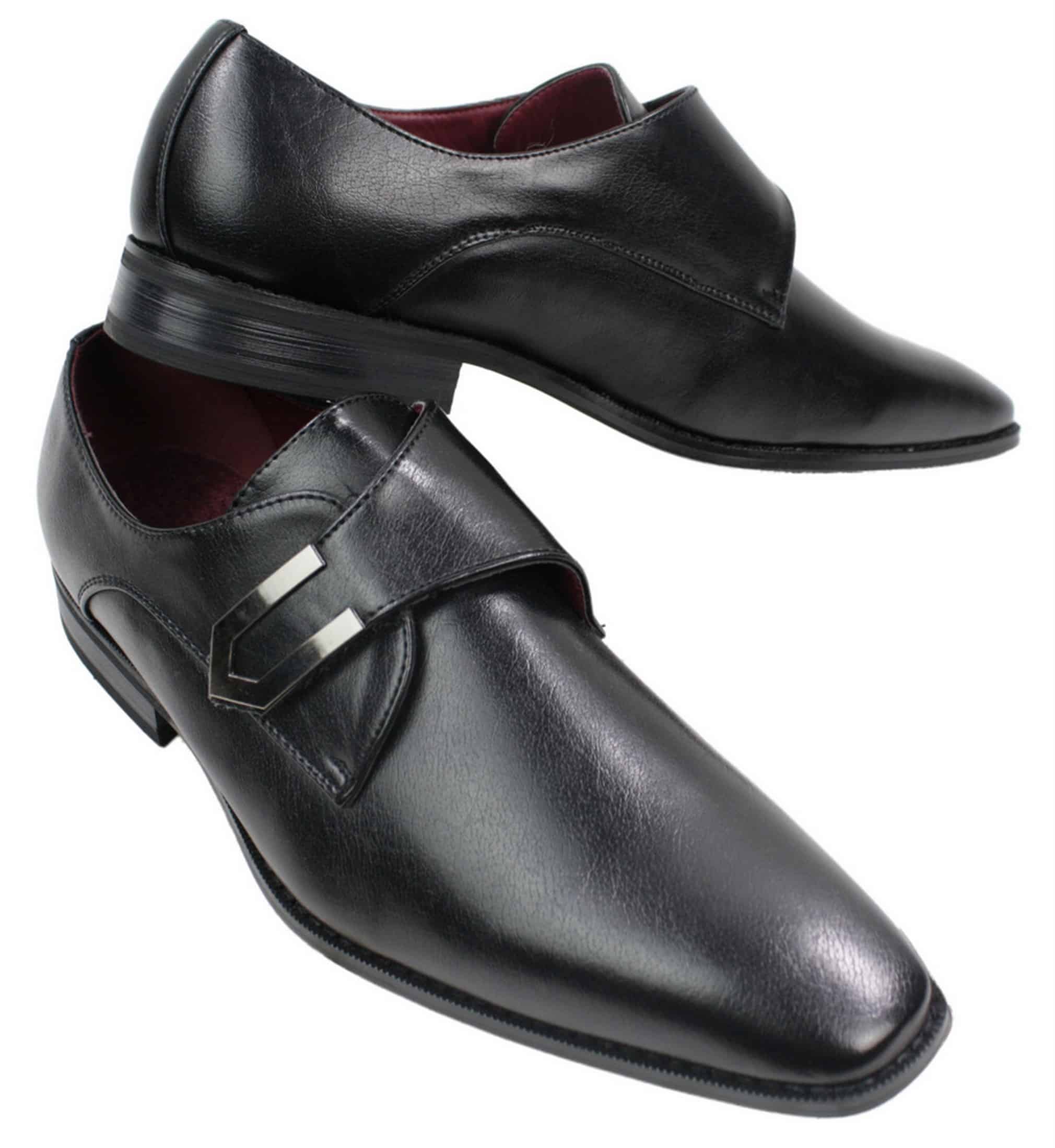 Zapatos de hombre de cuero marrón claro y negro, diseño italiano, hebilla metálica, sin cordones.