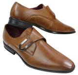 Zapatos de hombre de cuero marrón claro y negro, diseño italiano, hebilla metálica, sin cordones.