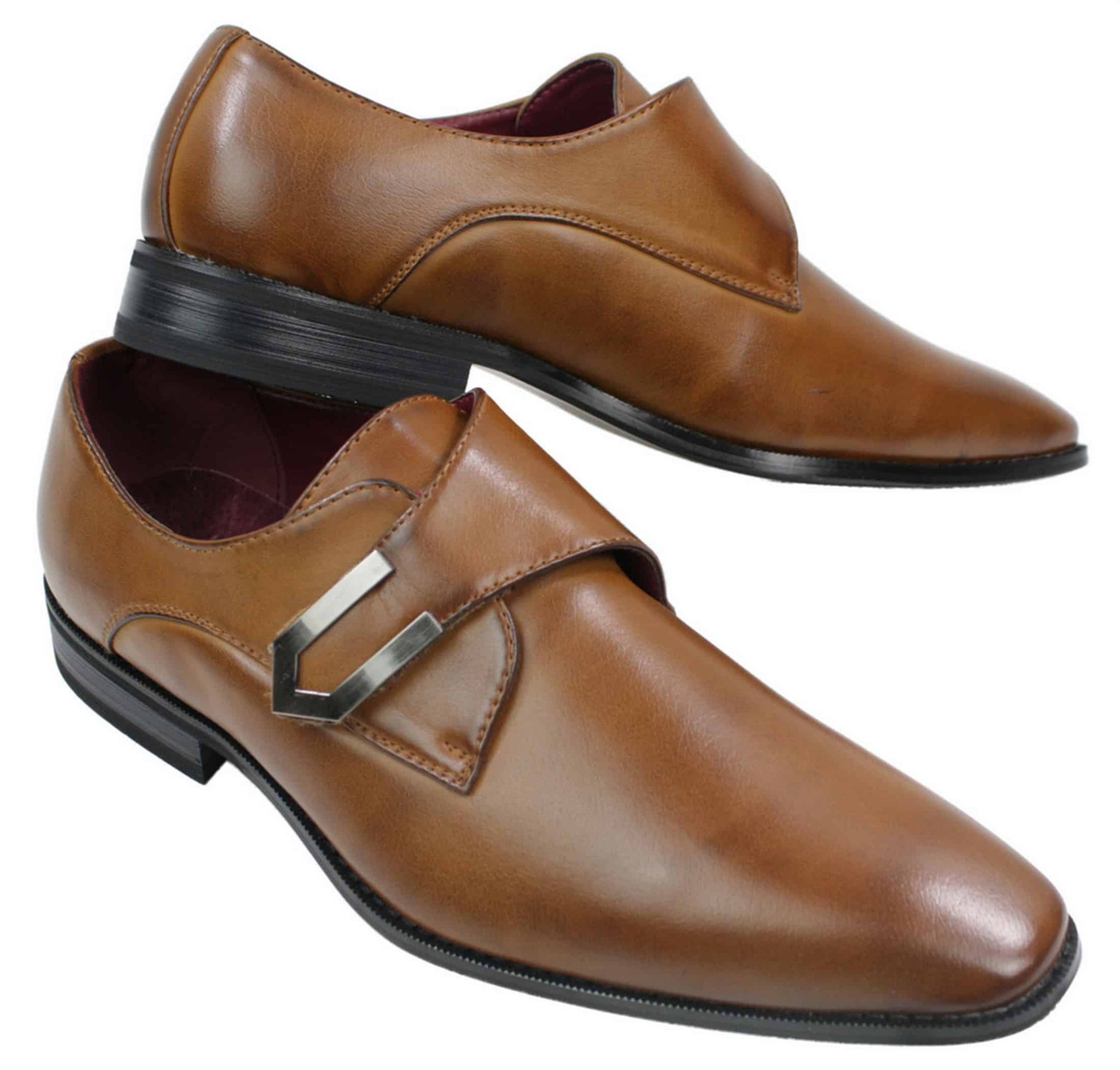 Zapatos de hombre de cuero marrón claro y negro, diseño italiano, hebilla metálica, sin cordones.