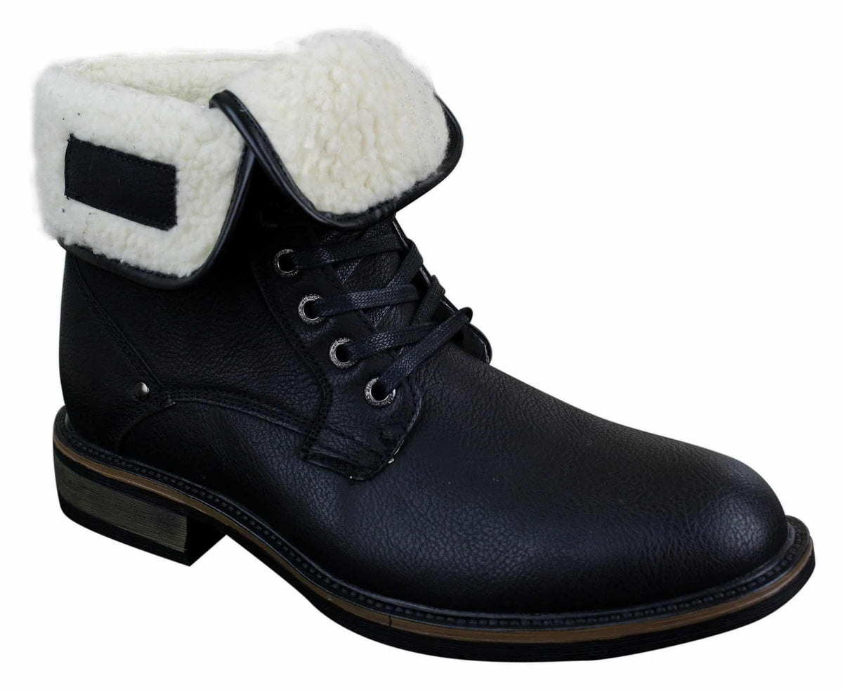 Botas militares casuales de cuero negro y marrón hasta el tobillo para hombre, forradas con forro polar y de piel sintética.