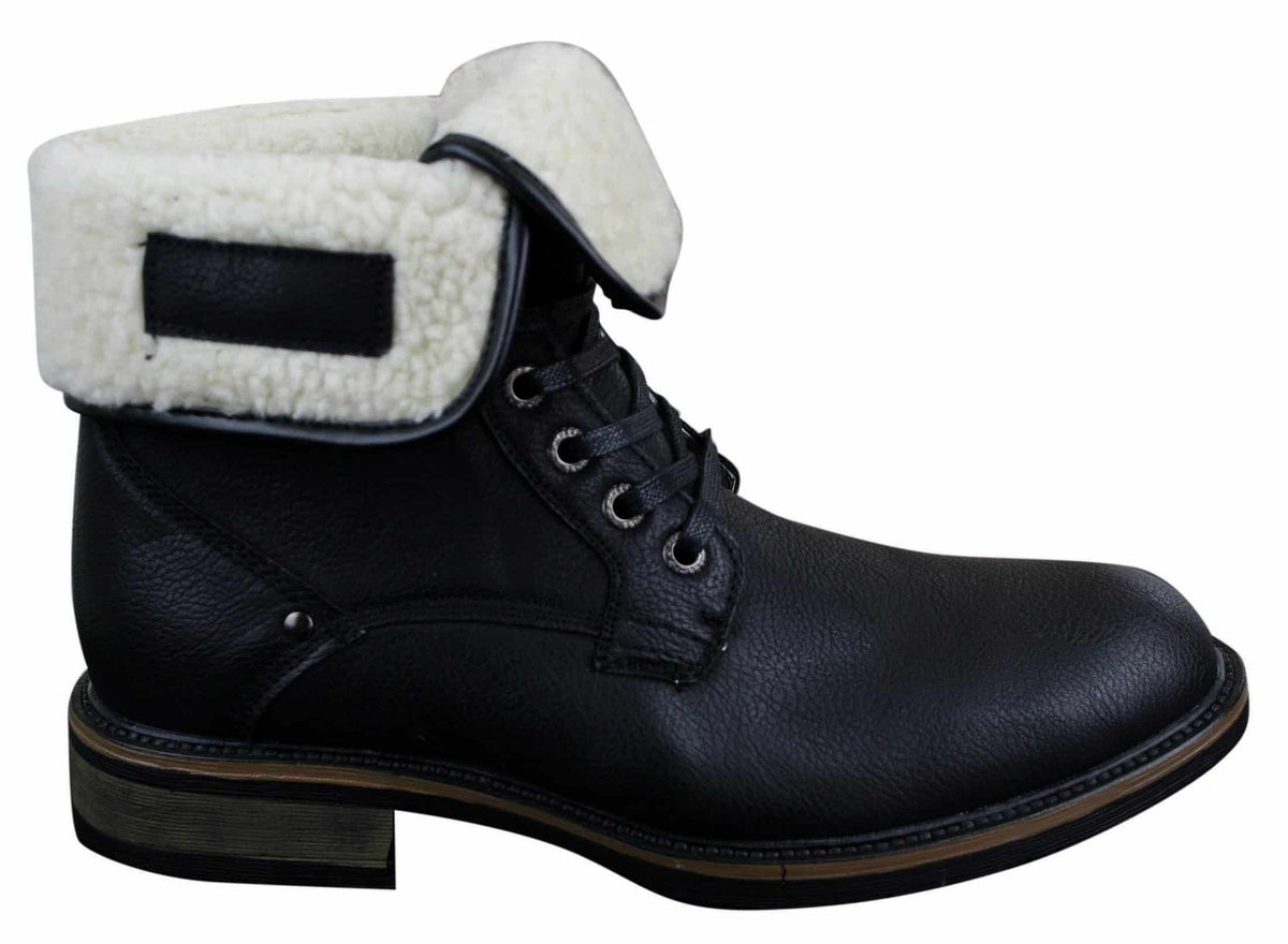 Botas militares casuales de cuero negro y marrón hasta el tobillo para hombre, forradas con forro polar y de piel sintética.